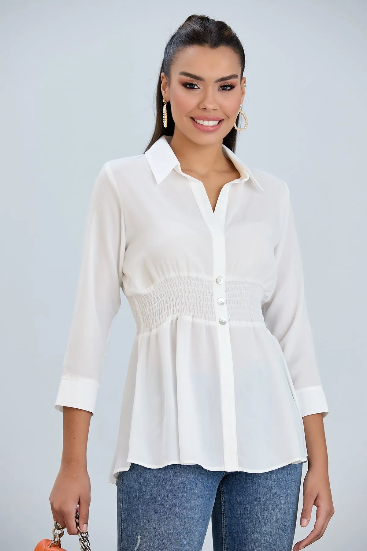 Long Sleeve Elasticated Waist Shirt in White