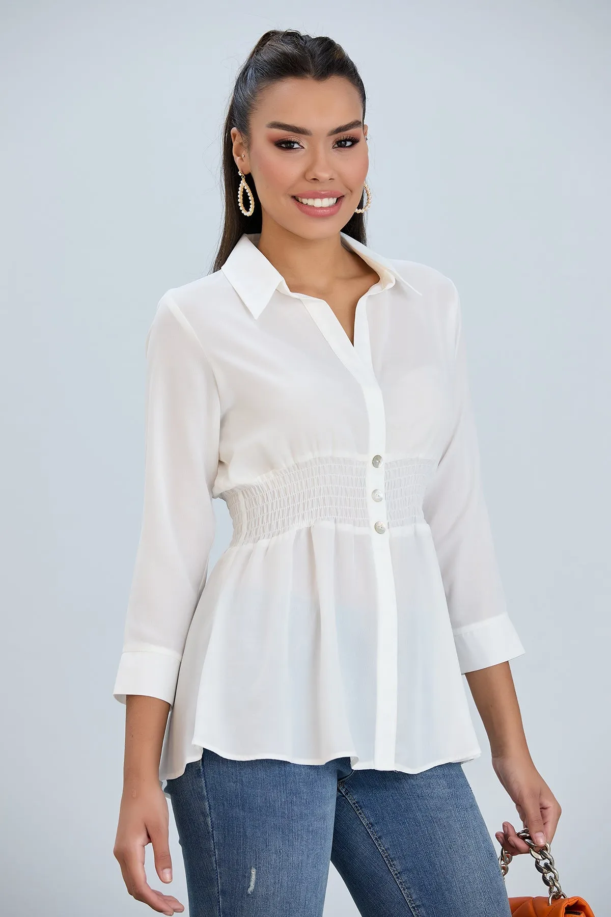 Long Sleeve Elasticated Waist Shirt in White
