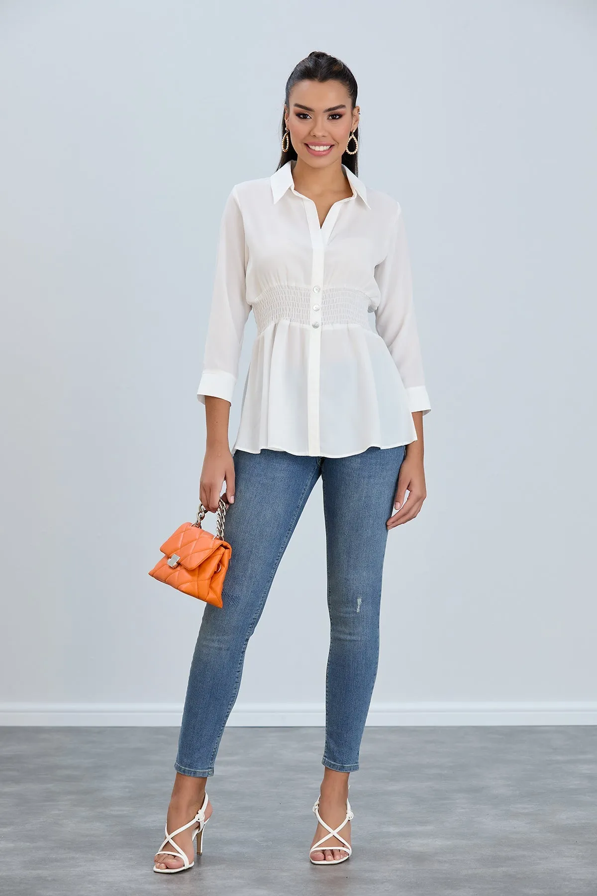 Long Sleeve Elasticated Waist Shirt in White