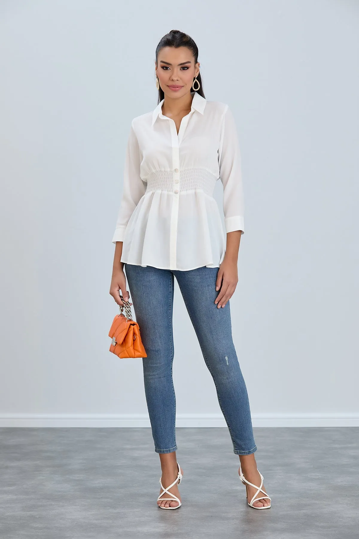 Long Sleeve Elasticated Waist Shirt in White