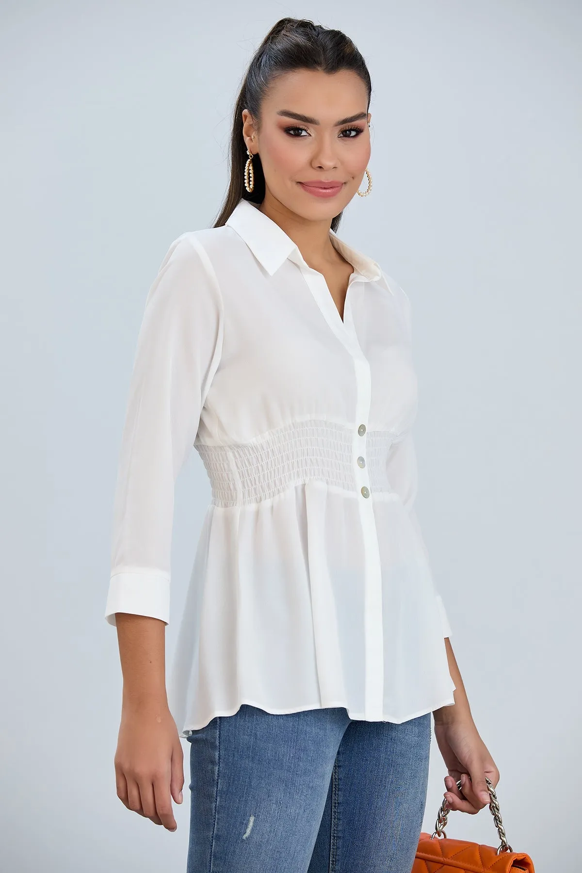 Long Sleeve Elasticated Waist Shirt in White