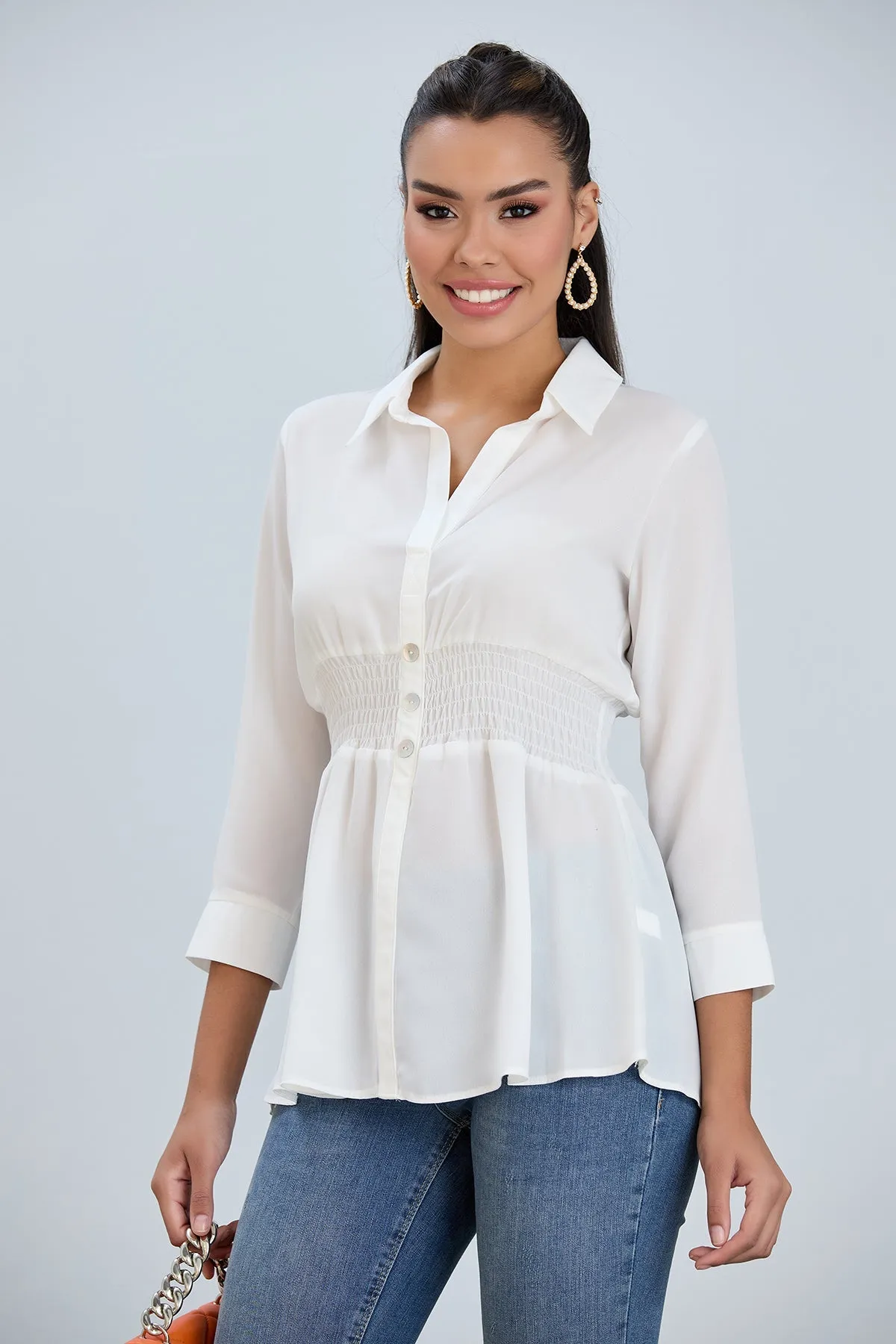 Long Sleeve Elasticated Waist Shirt in White