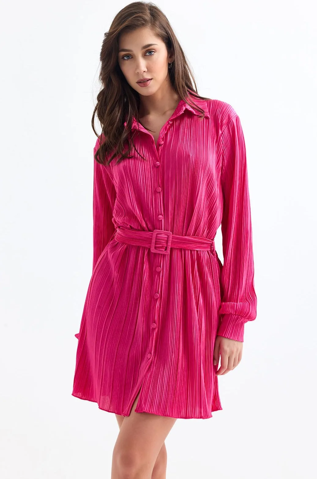 Long Sleeve Pleated Shirt Mini Dress in Fuchsia