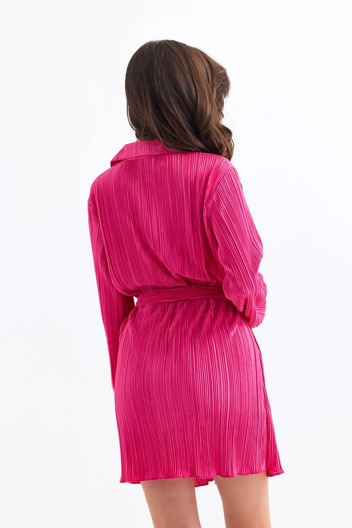 Long Sleeve Pleated Shirt Mini Dress in Fuchsia