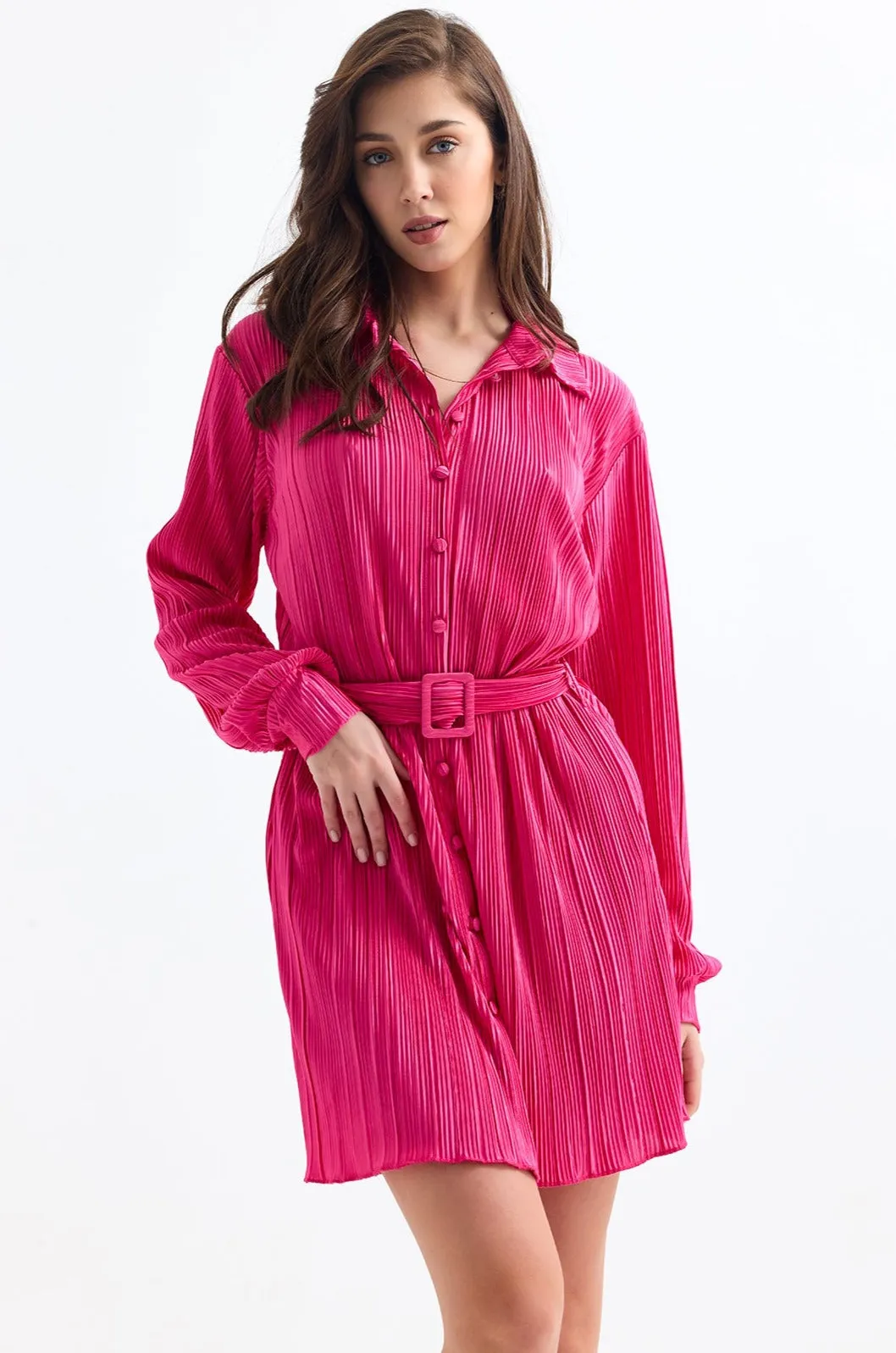 Long Sleeve Pleated Shirt Mini Dress in Fuchsia
