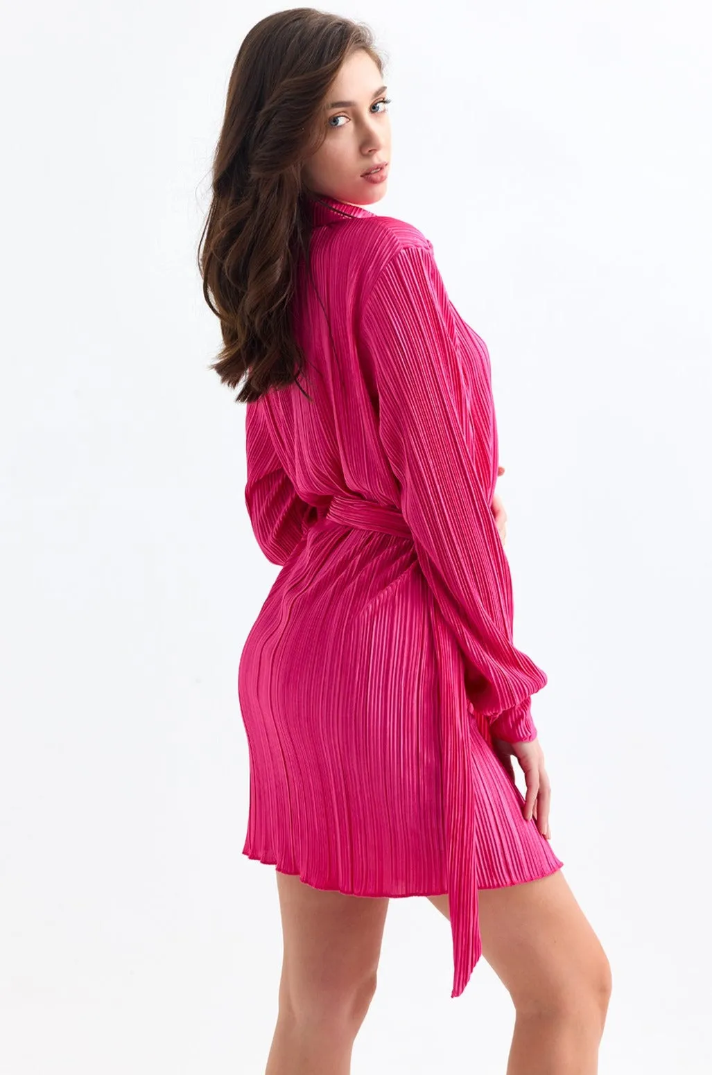 Long Sleeve Pleated Shirt Mini Dress in Fuchsia