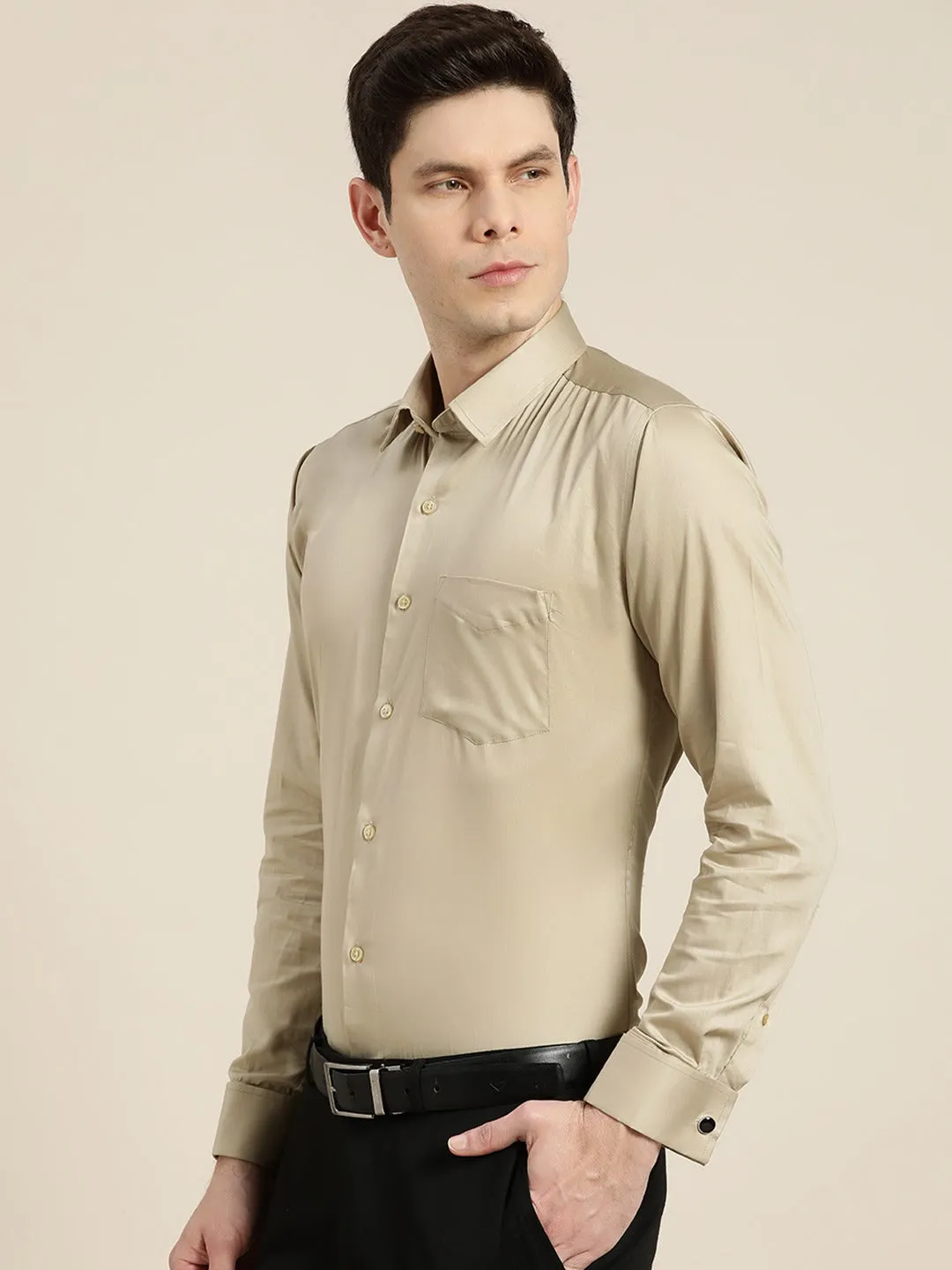 Men Beige Solid Satin French Cuff Pure Cotton Slim Fit Formal Shirt
