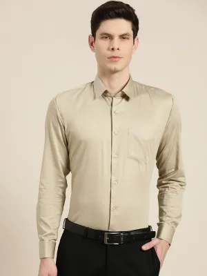 Men Beige Solid Satin French Cuff Pure Cotton Slim Fit Formal Shirt