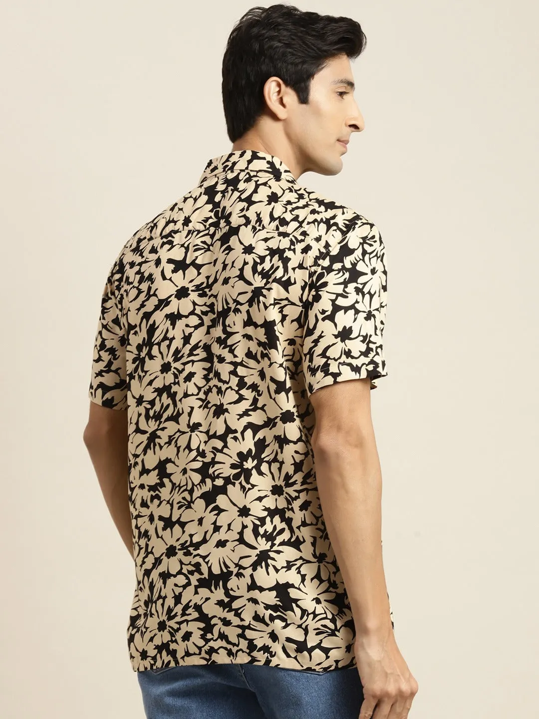 Men Black & Beige Printed Viscose Rayon Relaxed Fit Casual Resort Shirt