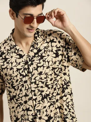 Men Black & Beige Printed Viscose Rayon Relaxed Fit Casual Resort Shirt