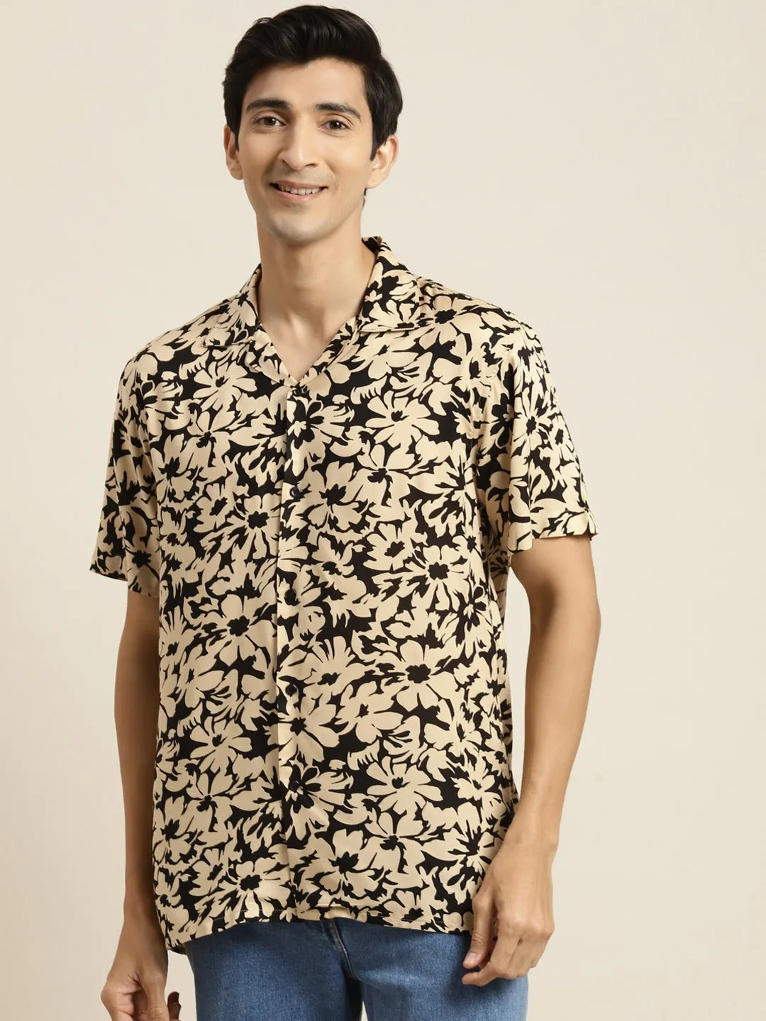 Men Black & Beige Printed Viscose Rayon Relaxed Fit Casual Resort Shirt