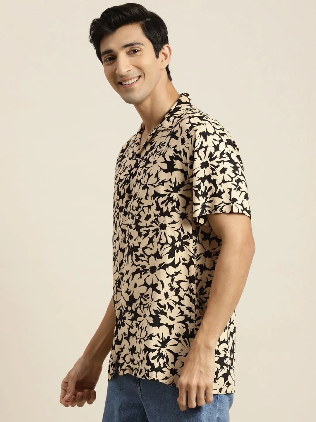Men Black & Beige Printed Viscose Rayon Relaxed Fit Casual Resort Shirt