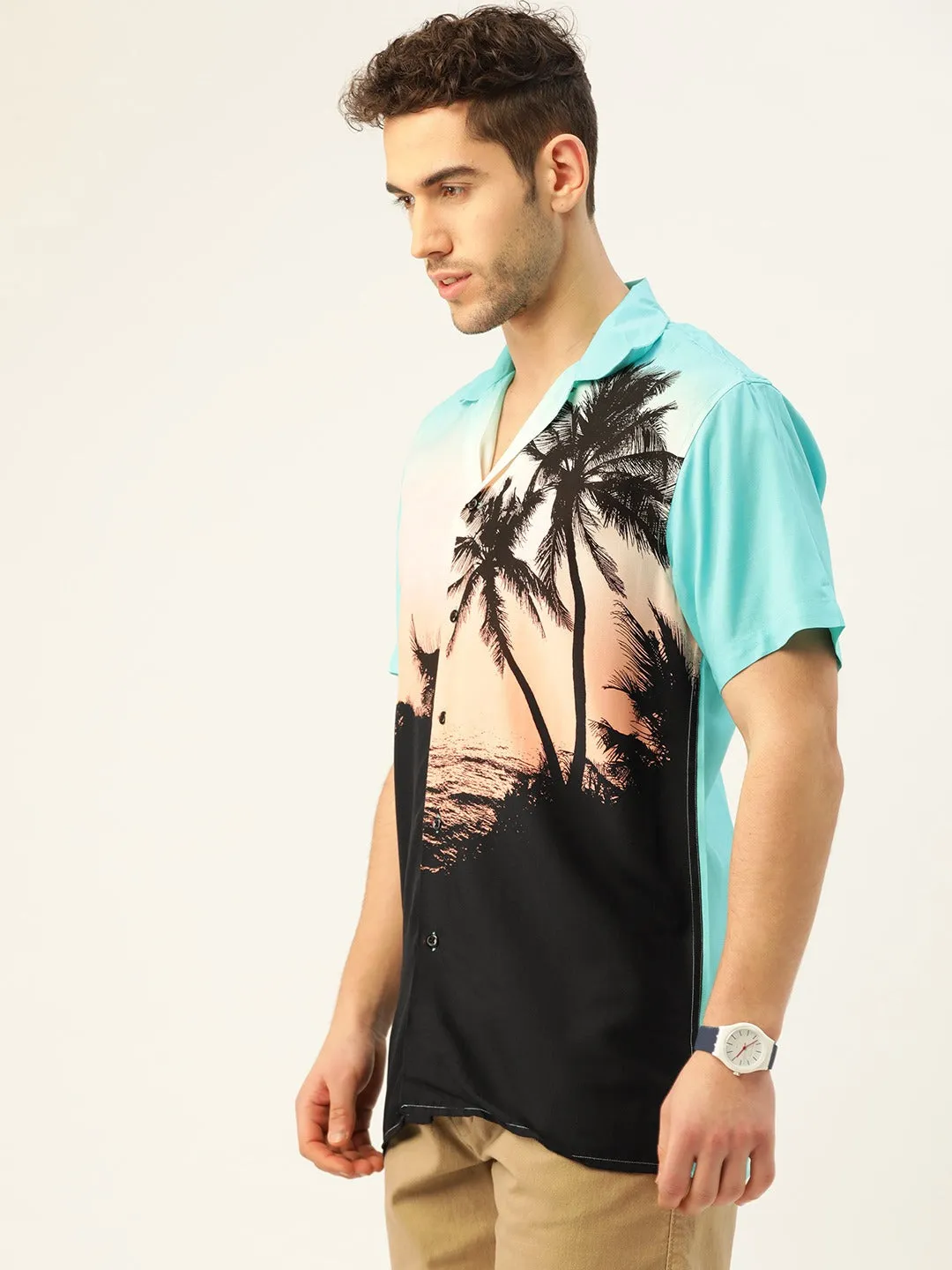 Men Black & Green Printed Viscose Rayon Relaxed Fit Casual Resort Shirt