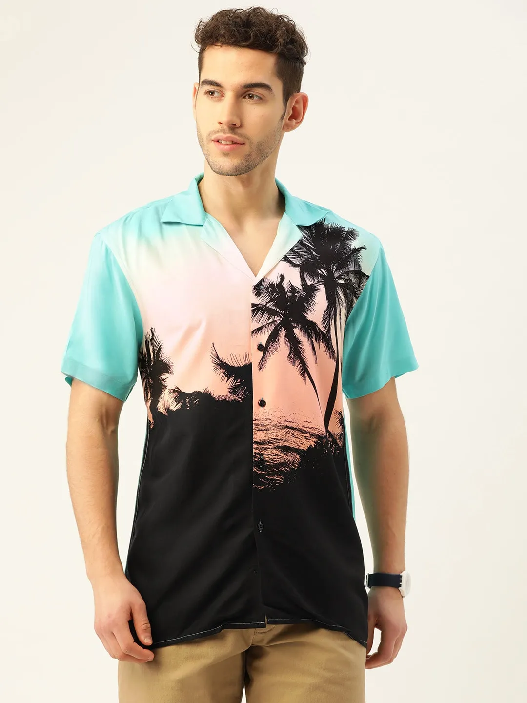 Men Black & Green Printed Viscose Rayon Relaxed Fit Casual Resort Shirt