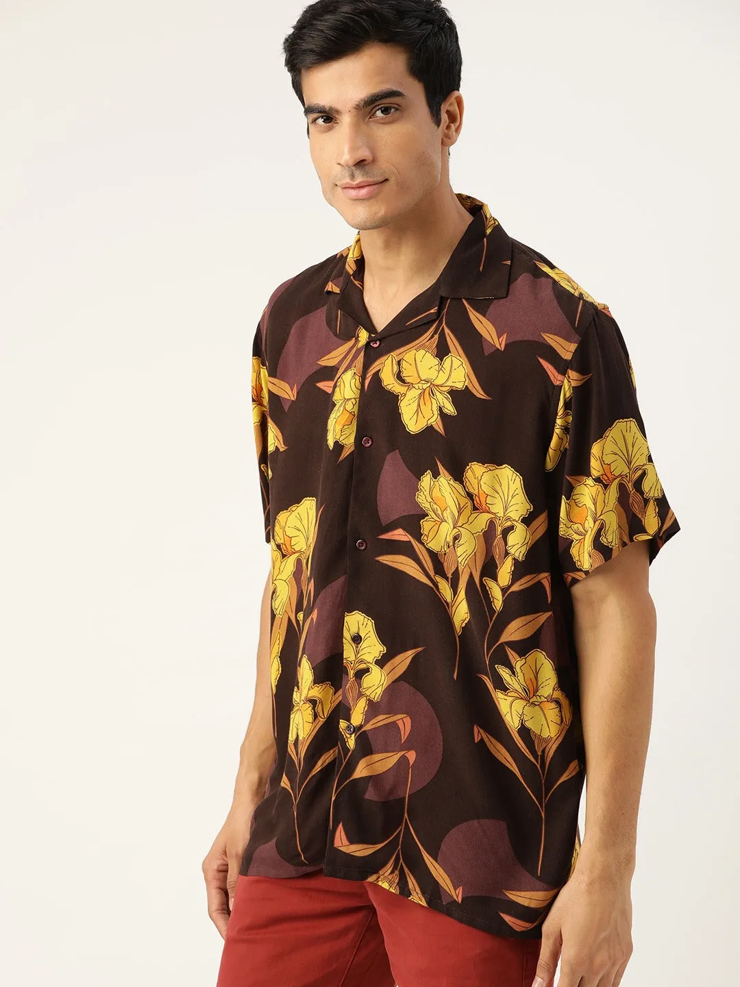 Men Black & Yellow Printed Viscose Rayon Relaxed Fit Casual Resort Shirt