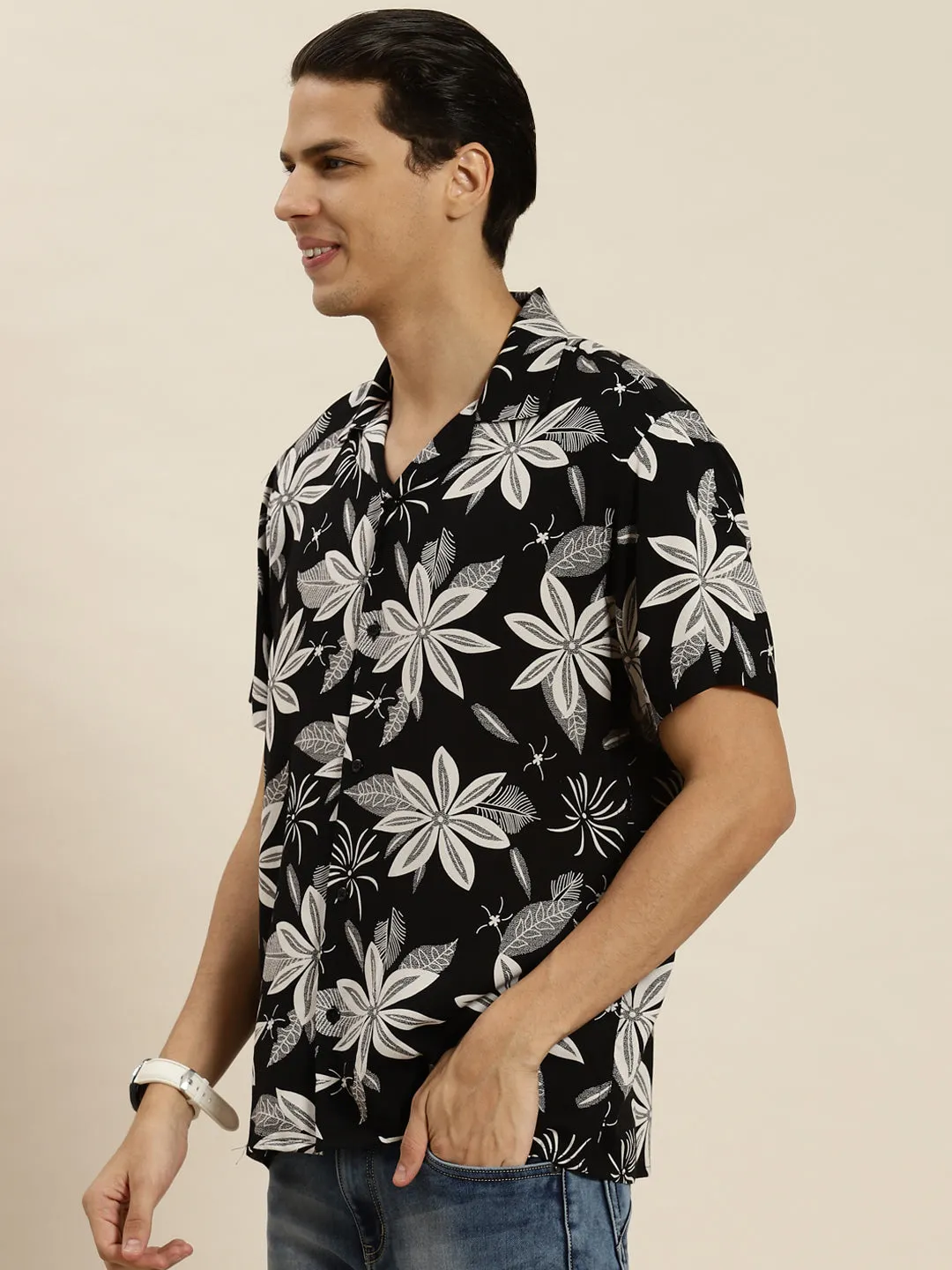Men Black Printed Viscose Rayon Regular Fit Casual Resort Shirt