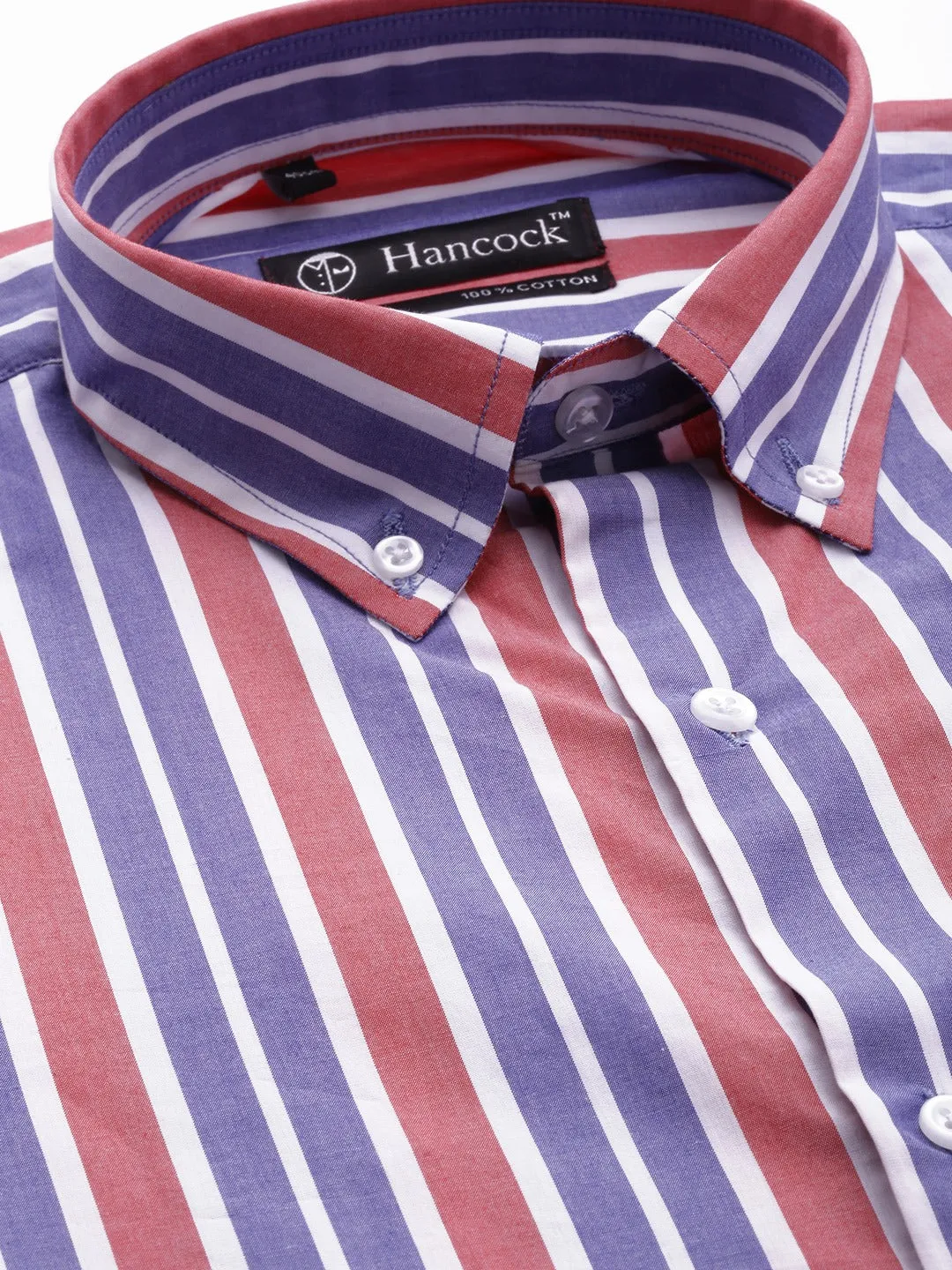 Men Blue & Red Stripes Pure Cotton Slim Fit Formal Shirt