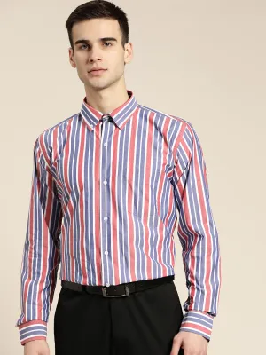 Men Blue & Red Stripes Pure Cotton Slim Fit Formal Shirt