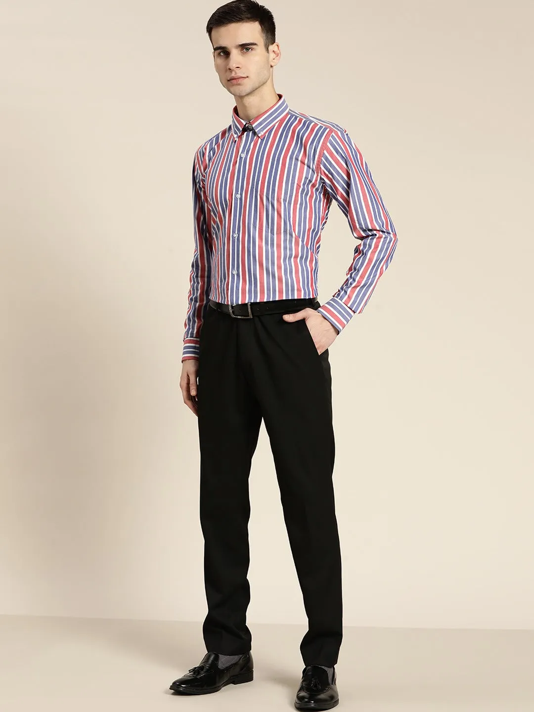 Men Blue & Red Stripes Pure Cotton Slim Fit Formal Shirt