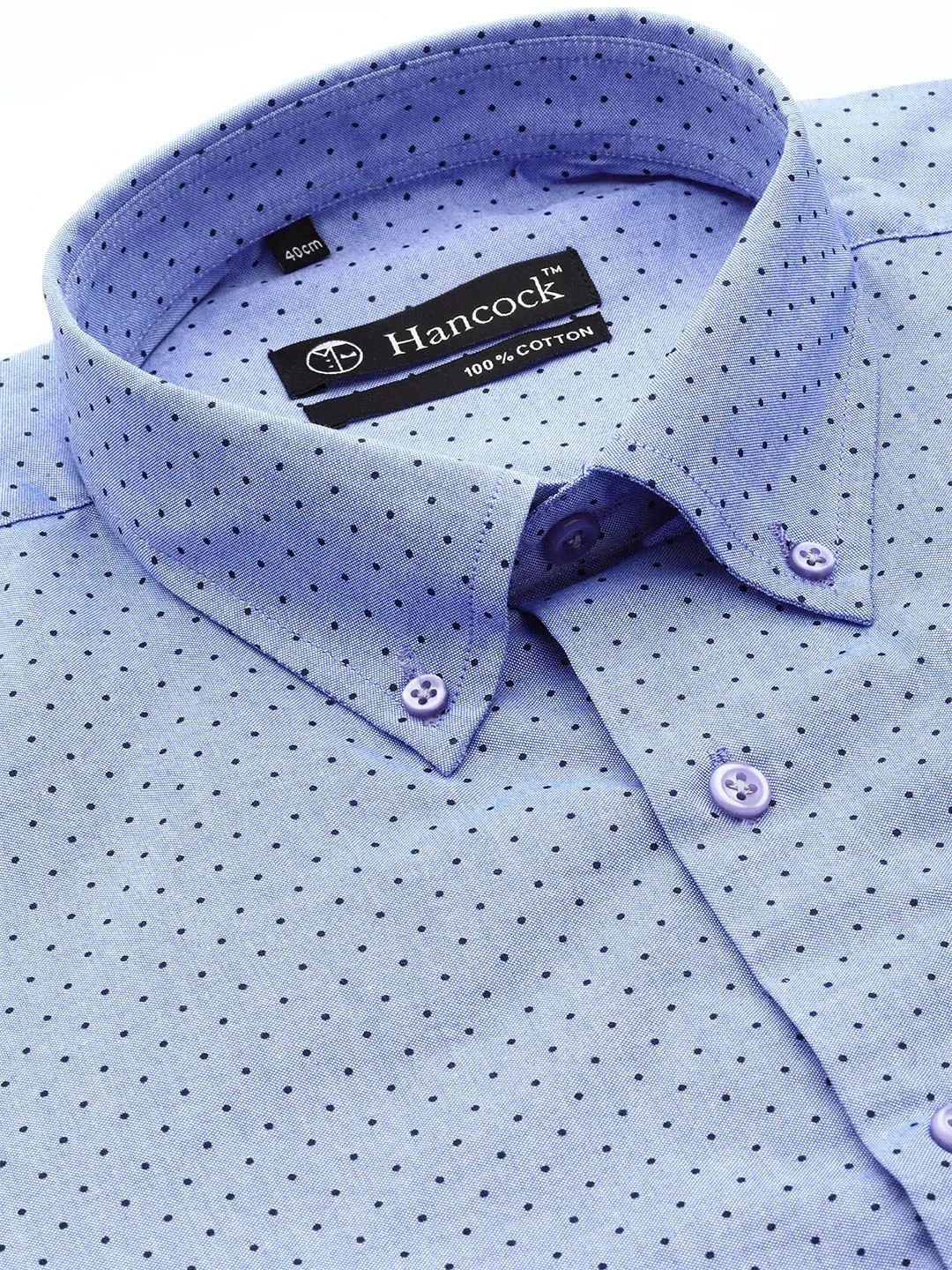 Men Blue Chambray Polka Micro Dot Print Cotton Rich Slim Fit Formal Shirt