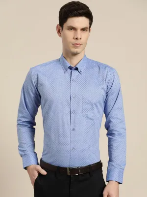 Men Blue Chambray Polka Micro Dot Print Cotton Rich Slim Fit Formal Shirt