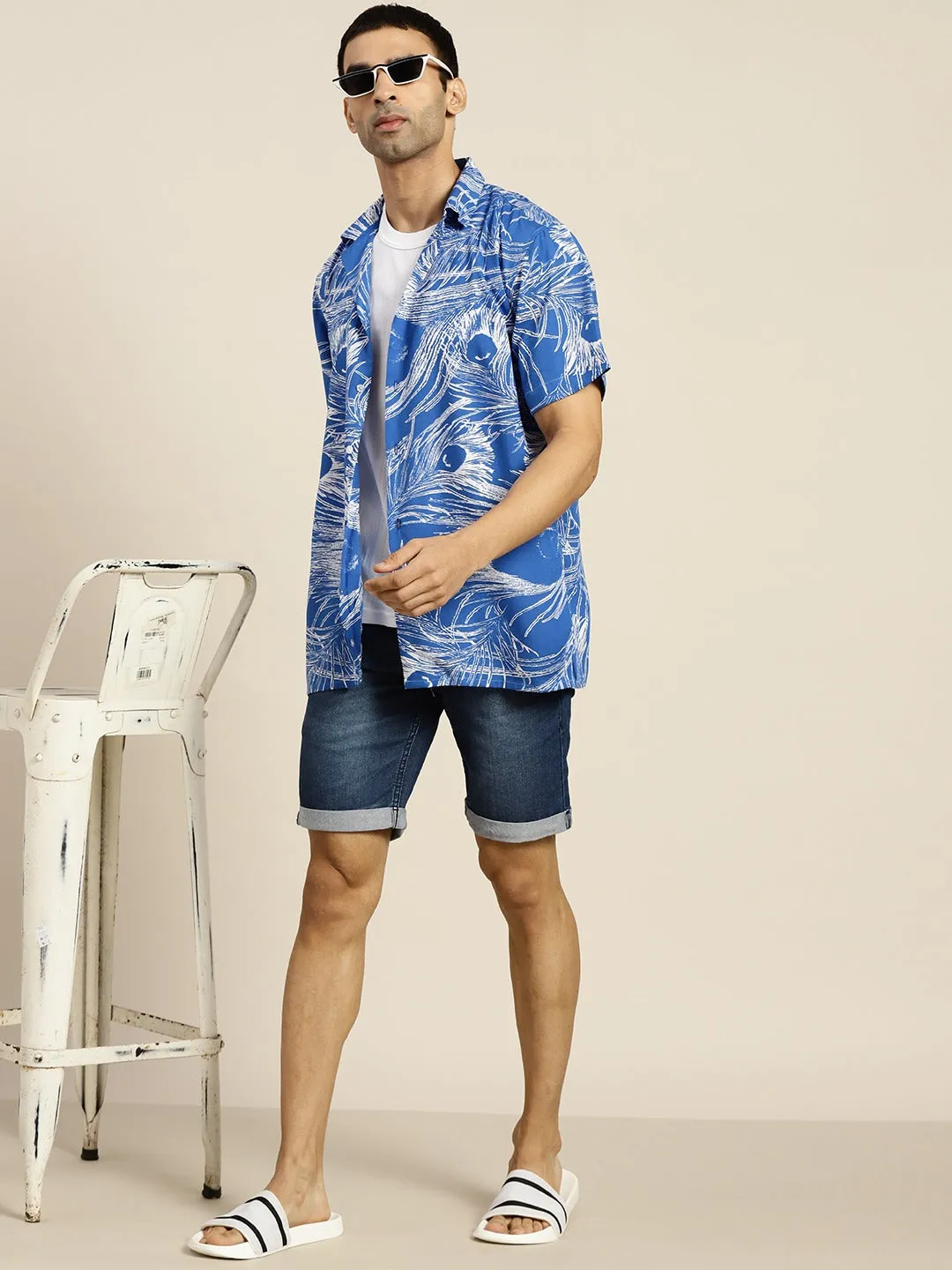 Men Blue Prints Viscose Rayon Relaxed Fit Casual Resort Shirt