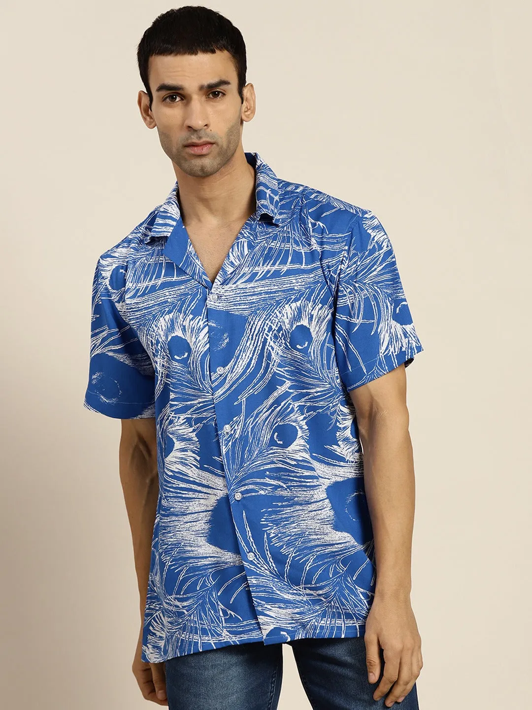 Men Blue Prints Viscose Rayon Relaxed Fit Casual Resort Shirt