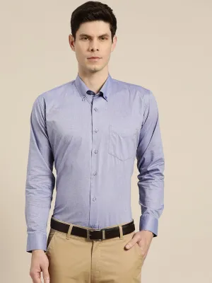 Men Blue Solid Chambray Button Down Collar Slim Fit Formal Shirt