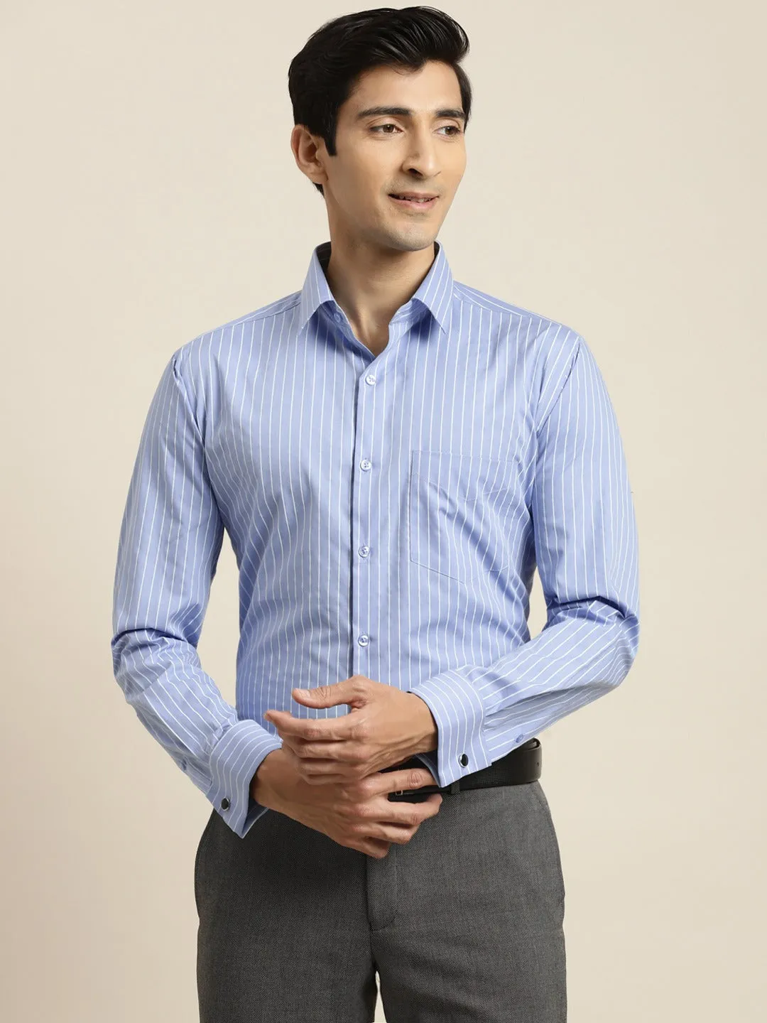 Men Blue Striped Premium Pure Cotton French Cuff Slim Fit Formal Shirt