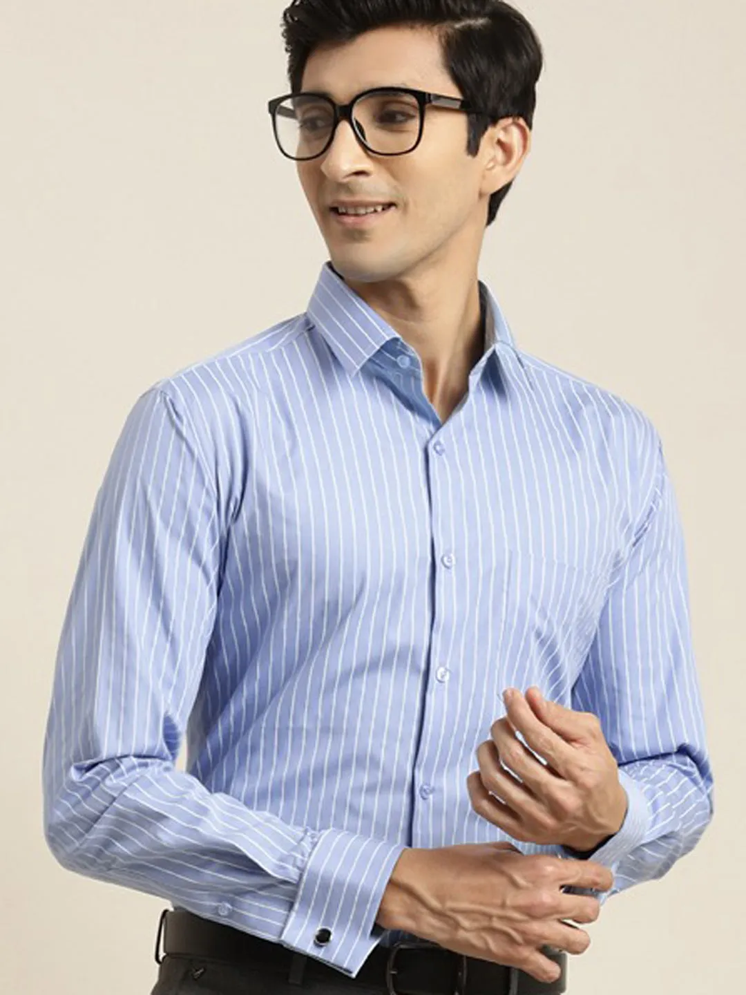 Men Blue Striped Premium Pure Cotton French Cuff Slim Fit Formal Shirt