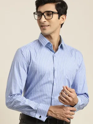 Men Blue Striped Premium Pure Cotton French Cuff Slim Fit Formal Shirt