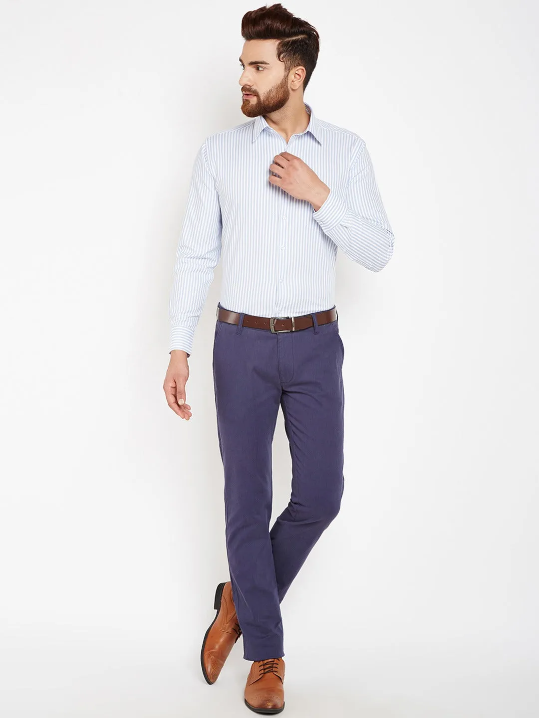 Men Blue Stripes Pure Cotton Regular Fit Formal Shirt