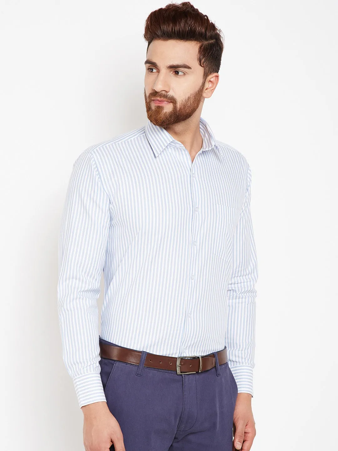 Men Blue Stripes Pure Cotton Regular Fit Formal Shirt