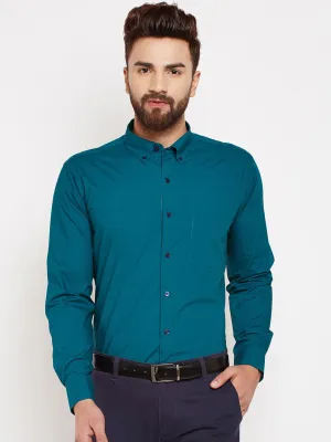Men Bottle Green Solids Pure Cotton Slim Fit Formal Shirt