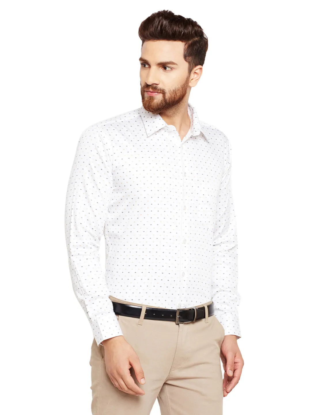 Men Cream Prints Pure Cotton Slim Fit Formal Shirt