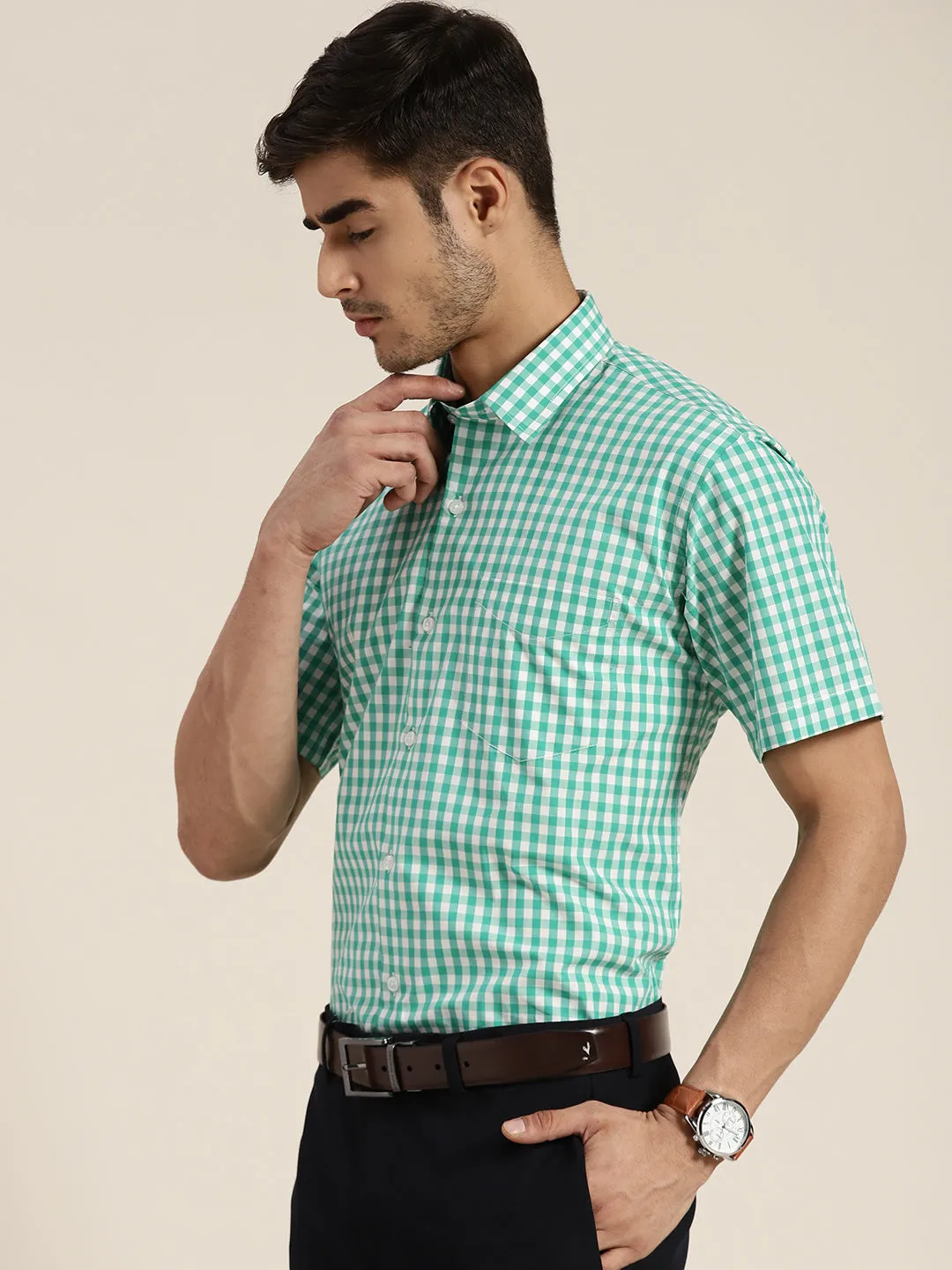 Men Green & White Checked Pure Cotton Slim Fit Formal Shirt