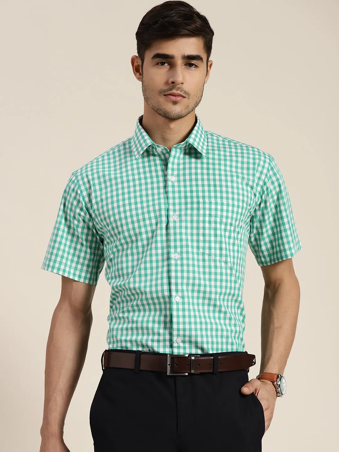 Men Green & White Checked Pure Cotton Slim Fit Formal Shirt