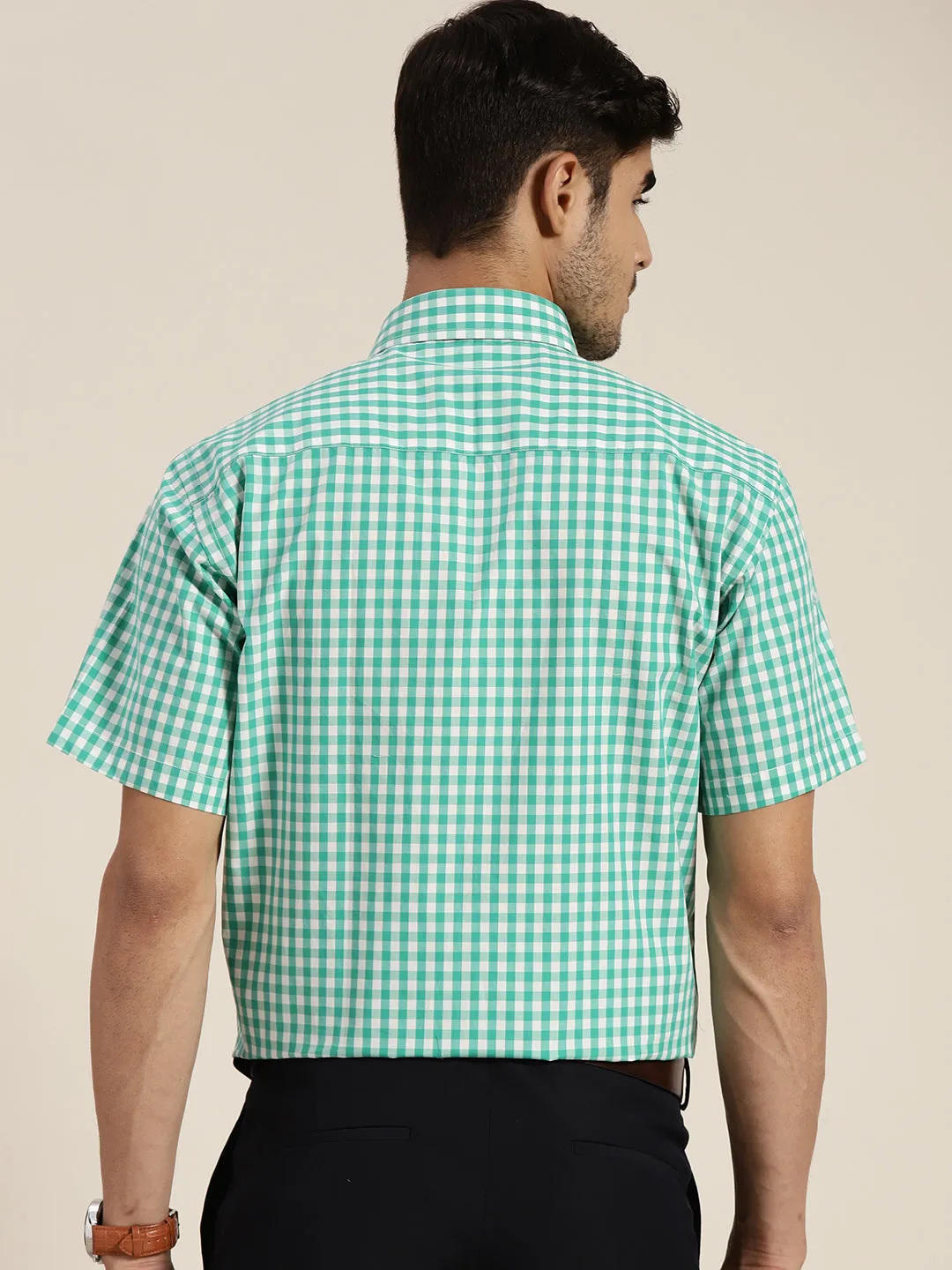 Men Green & White Checked Pure Cotton Slim Fit Formal Shirt