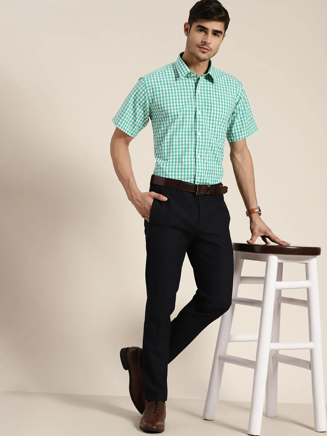 Men Green & White Checked Pure Cotton Slim Fit Formal Shirt