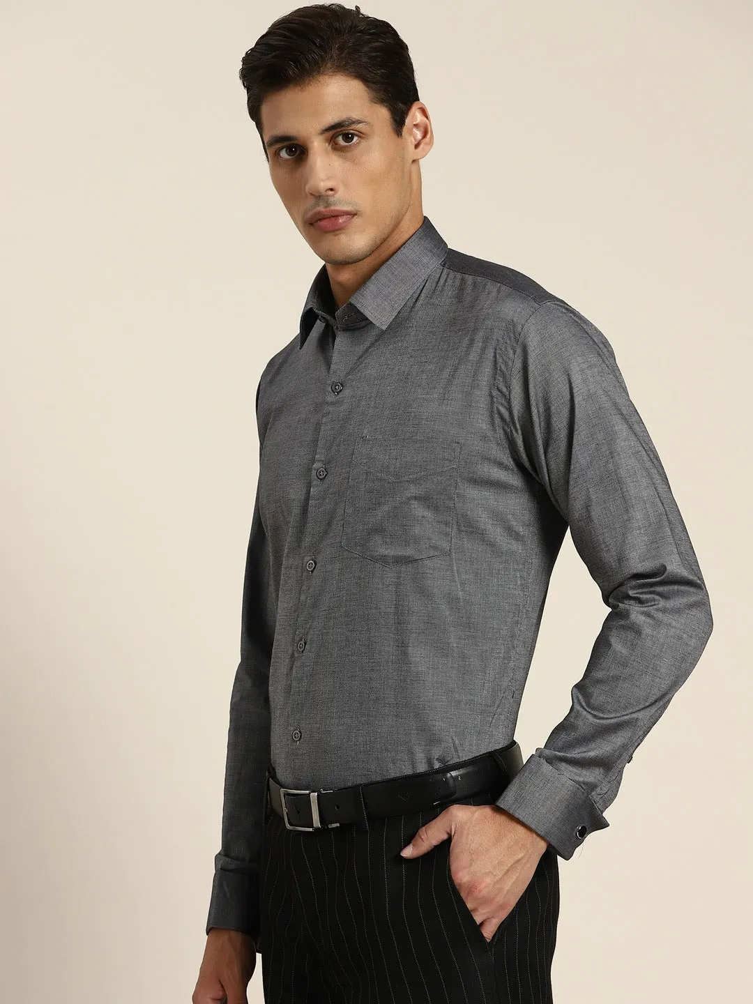 Men Grey Solid Self Design Pure Cotton Slim Fit French Cuff Formal Shirt
