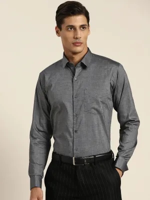 Men Grey Solid Self Design Pure Cotton Slim Fit French Cuff Formal Shirt