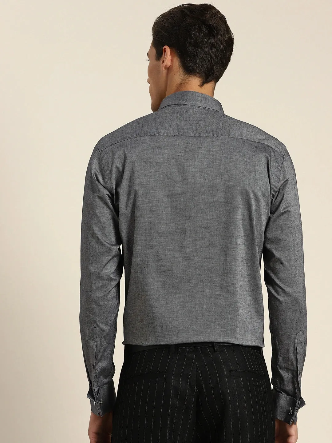 Men Grey Solid Self Design Pure Cotton Slim Fit French Cuff Formal Shirt