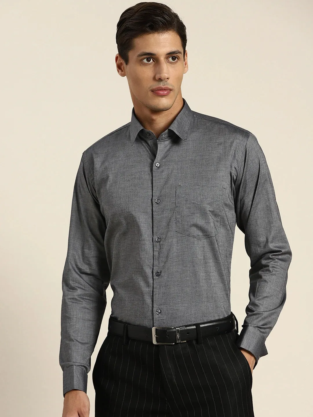 Men Grey Solid Self Design Pure Cotton Slim Fit French Cuff Formal Shirt