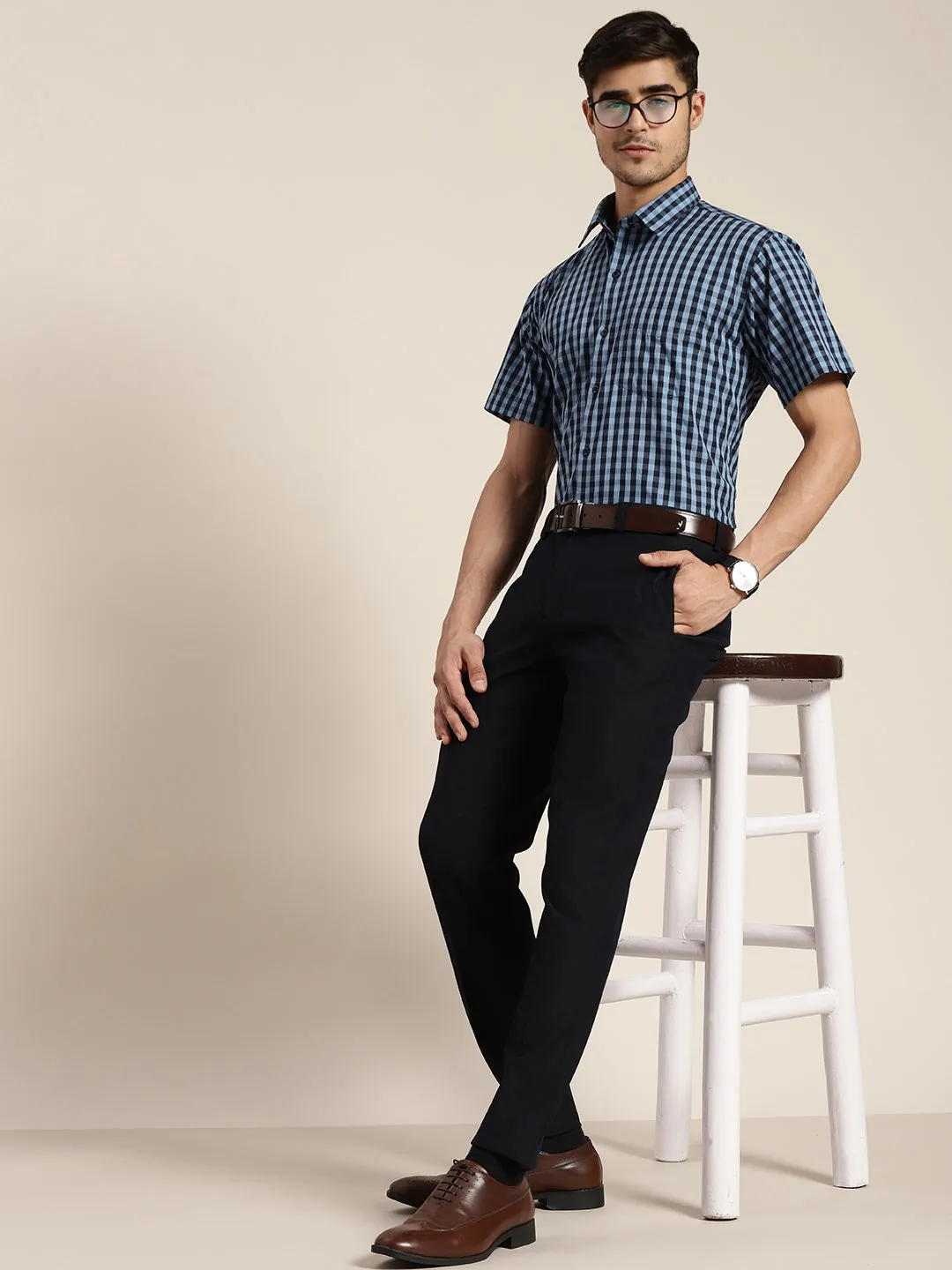Men Navy & Blue Checked Pure Cotton Slim Fit Formal Shirt