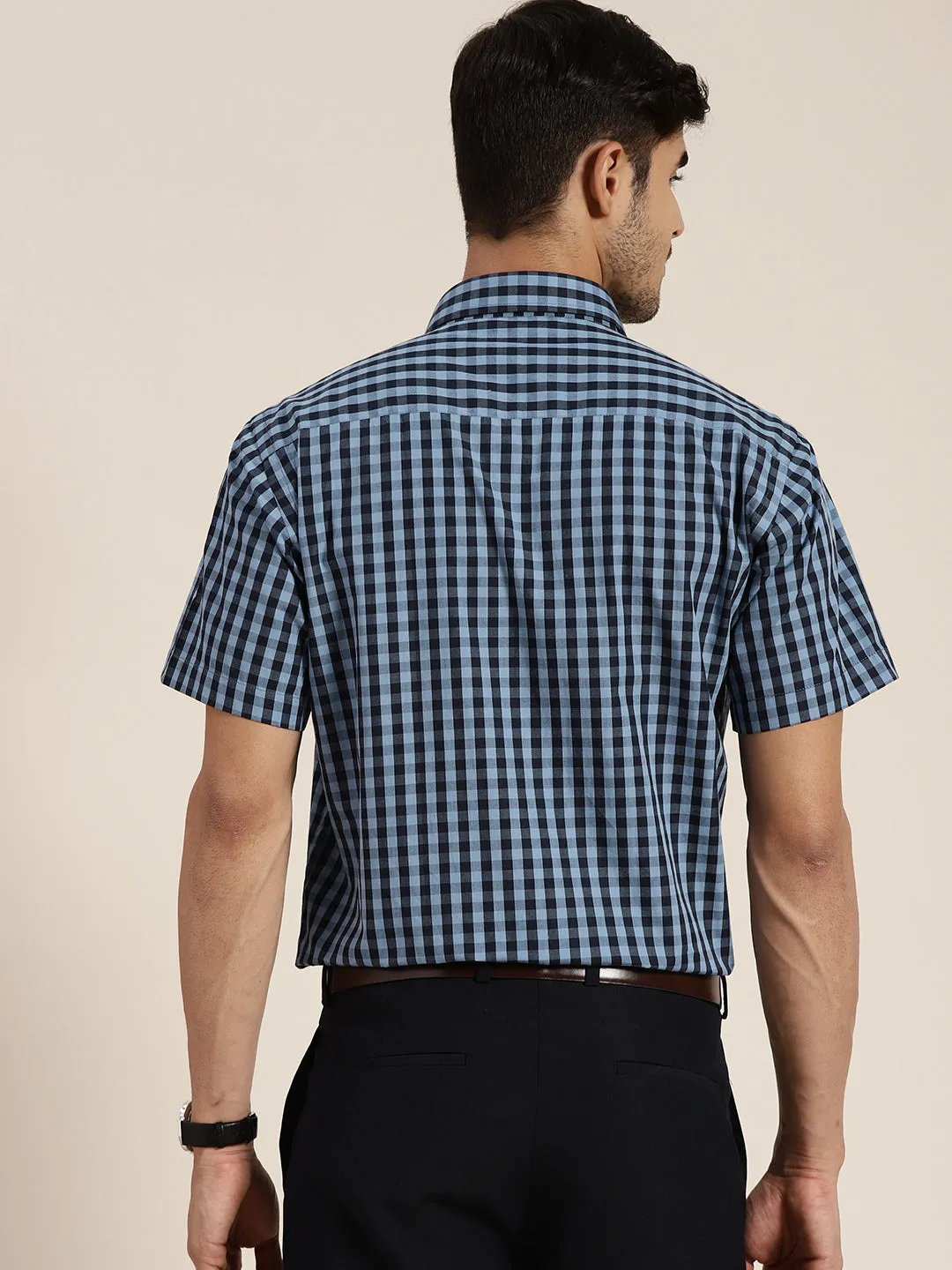 Men Navy & Blue Checked Pure Cotton Slim Fit Formal Shirt