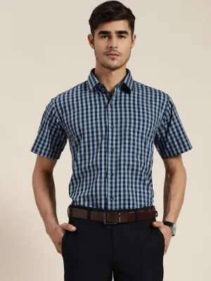Men Navy & Blue Checked Pure Cotton Slim Fit Formal Shirt