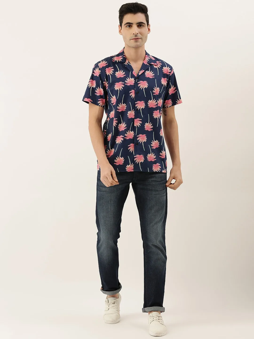 Men Navy & Coral Printed Pure Cotton Relaxed Fit Casual Resort Shirt