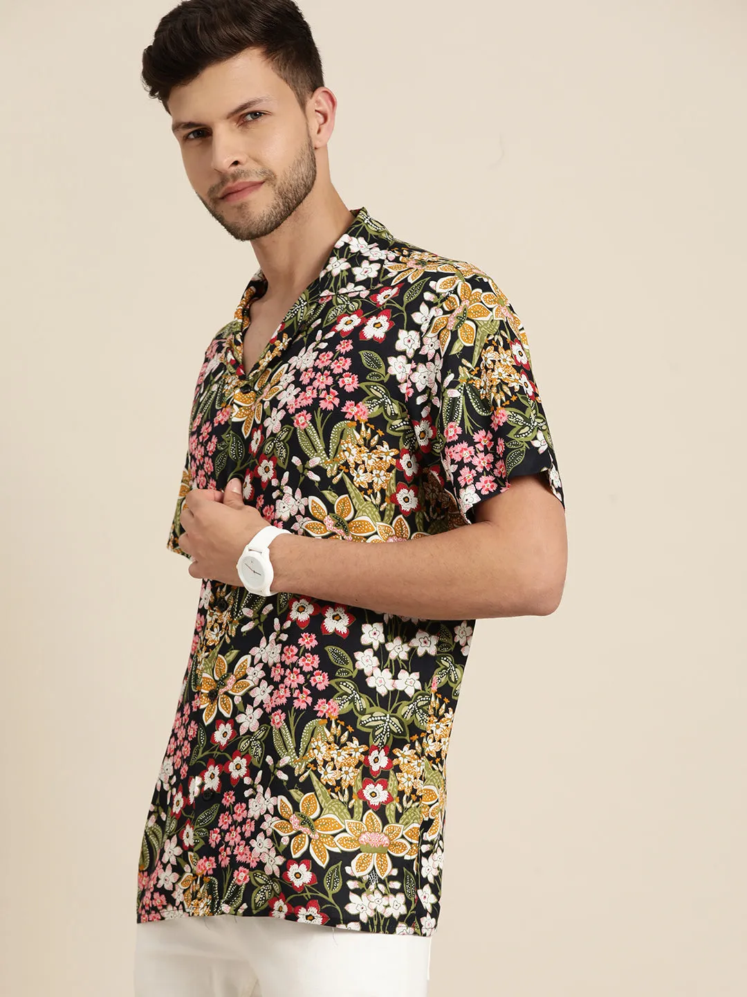 Men Navy & Mustard Prints Viscose Rayon Relaxed Fit Casual Resort shirt