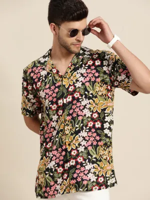 Men Navy & Mustard Prints Viscose Rayon Relaxed Fit Casual Resort shirt