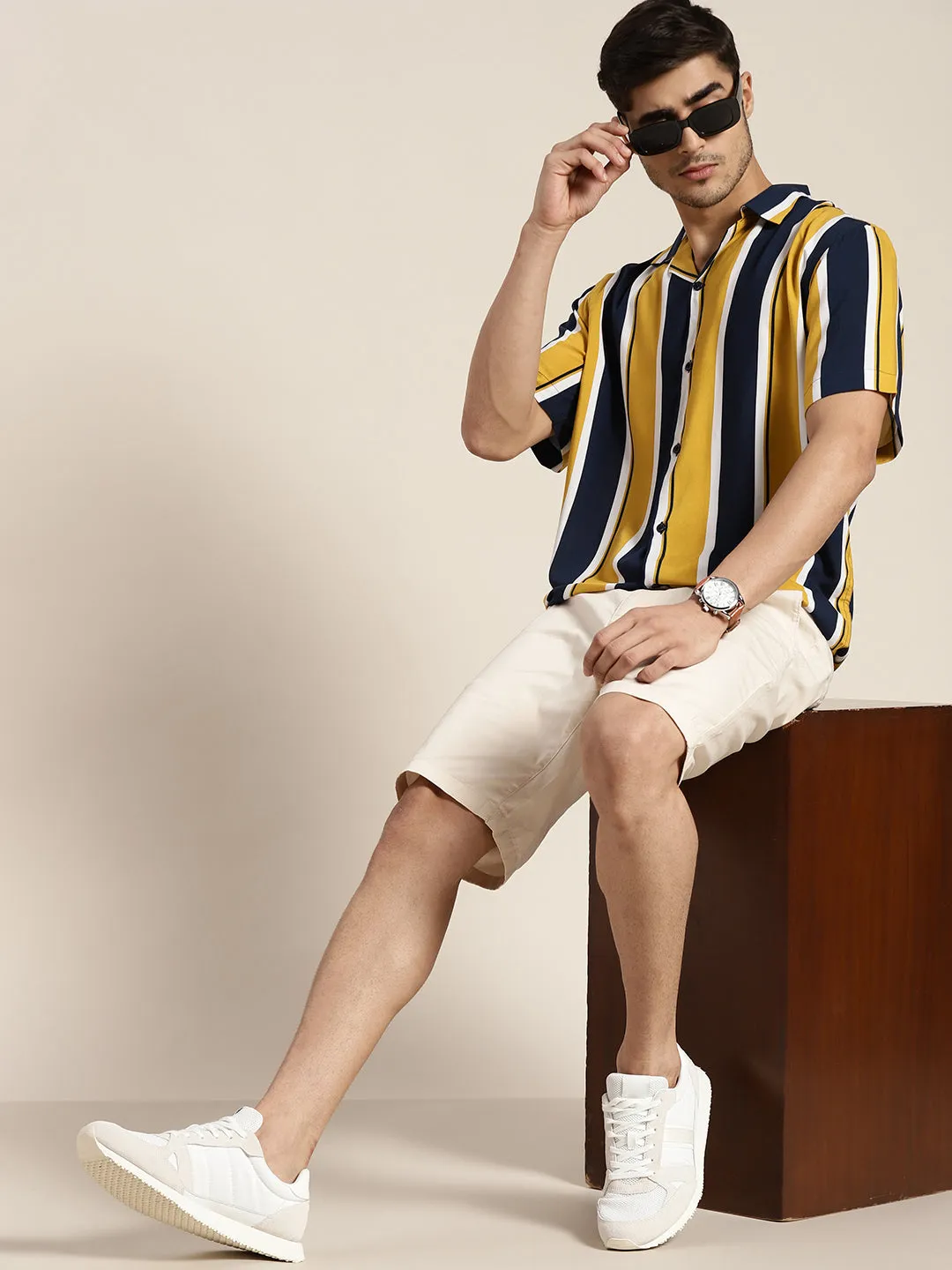Men Navy & Mustard Striped Viscose Rayon Relaxed Fit Casual Resort Shirt